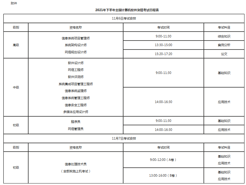 浙江省軟考考試時間安排